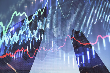 Fototapete - Forex chart on cityscape with tall buildings background multi exposure. Financial research concept.