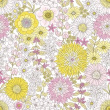 Floral Seamless Pattern With Flowers And Branches Pastel Yellow And Pink Colors. Vector Illustration In Vintage Style.
