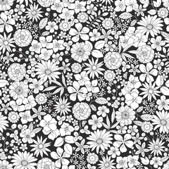 Black and white floral pattern with small flowers. Hand drawn vector illustration in vintage ditsy style.