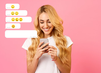 Poster - Chatting with friends. Lovely girl using mobile phone for communication on pick background, copy space