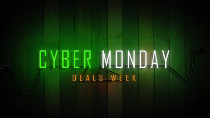 Wall Mural - cyber monday sign neon lights on wooden wall vintage