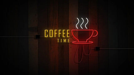 Wall Mural - coffee time sign neon lights on wooden wall vintage