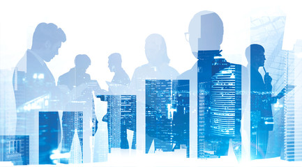 Poster - Business team and financial graph in city
