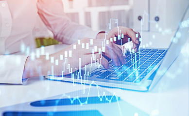 Poster - woman hands typing on laptop, digital chart