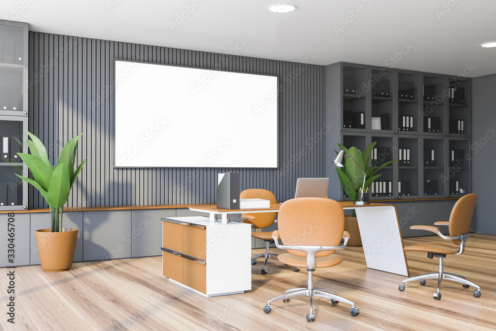 Gray CEO office corner with bookcase and poster - obrazy, fototapety, plakaty 
