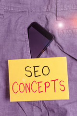 Poster - Word writing text Seo Concepts. Business photo showcasing a process of increasing the quality of website traffic Smartphone device inside formal work trousers front pocket near note paper