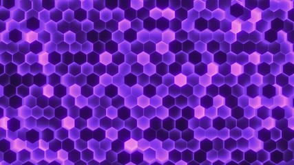 Wall Mural - Abstract white background of moving hexagons. Monochrome futuristic pattern in violet and black colors. Looped animation. 3d rendering.