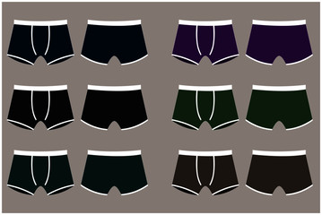 Set of men сolored boxer shorts. Underpants isolated on white background. Man underwear. Front and back views of men's underwear. Shorts. Kids clothes. Vector illustration