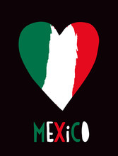 Simple Vector Illustration With Mexican Flag In A Hand Drawn Heart Isolated On A Black Background.  Handwritten Gree, White And Red Mexico Word. Mexican National Holidays Vector Wall Art.