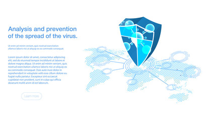 Poster - Map of the spread or prevention of the virus and disease, vector illustration of isometry. Light tone. The doctor sits behind the statistics. Map of the world and spread the sign of protection.