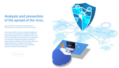 Poster - Map of the spread or prevention of the virus and disease, vector illustration of isometry. Light tone. The doctor sits behind the statistics. Map of the world and spread the sign of protection.