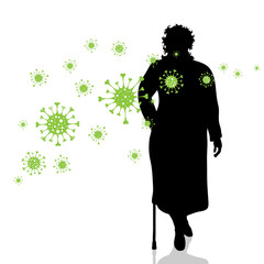 Wall Mural - Vector silhouette of old woman with stick who is spreading bacteria on white background. Symbol of disease and coronavirus.