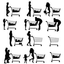 Collection Of Vector Silhouette Of Different People Push Shopping Cart On White Background. Symbol Of Shop Accessories.