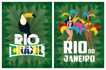 Wall Mural - brazil carnival poster with beautiful interracial garotas and toucan