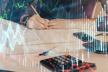 Fototapete - Double exposure of man doing analysis of stock market with forex graph.