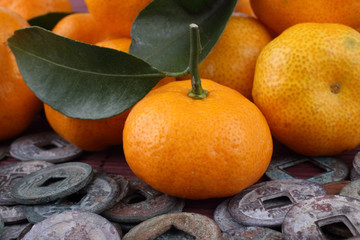 Canvas Print - Mandarin oranges and ancient Chinese coins on bamboo background. Symbols of luck and Chinese New Year.