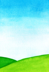 Simple watercolor landscape background. Summer illustration. Green grass and blue sky