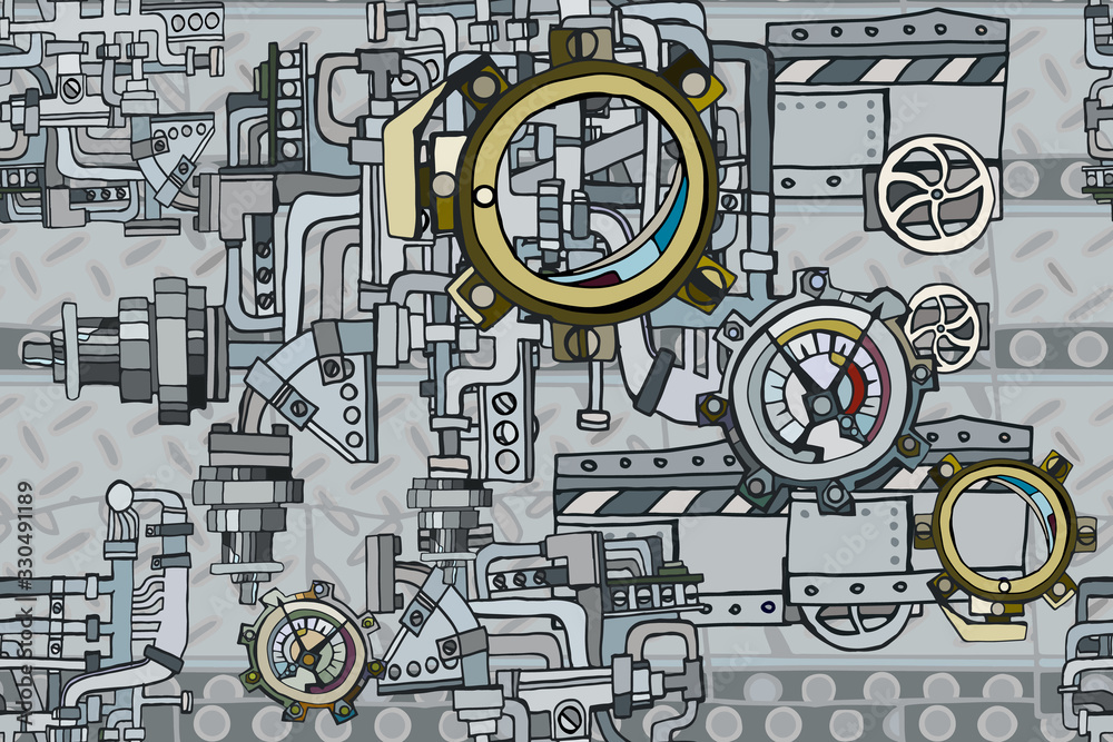 Abstract seamless industrial factory illustration with fictional pipes ...