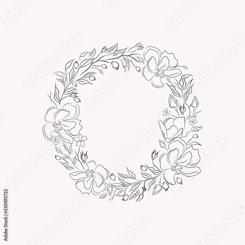 Line Drawing Vector Floral Wreath Opulent Round Frame With Hand Drawn Magnolia Flowers Branches Leaves Plants Herbs Botanical Illustration Leaf Logo Wedding Invitation Monogram Stock Vector Adobe Stock