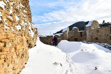 Wall Mural - Family trip on castle ruins on the snow in winter Zborov Slovakia 