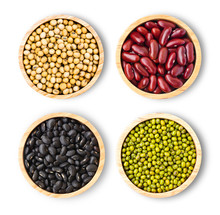Collection Of Mix Bean ( Red Kidney, Green Mung, Black Bean, Soy Beans ) In Wooden Bowl Isolated On White Background. Top View. Flat Lay.