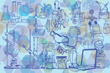 Wall Mural - physics or chemistry abstract illustration featuring decorative or vintage laboratory hardware and d