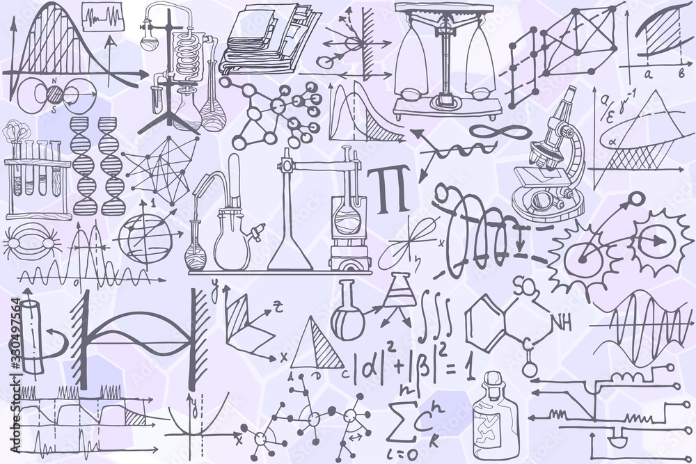 Physics or chemistry abstract illustration with parts of decorative ...