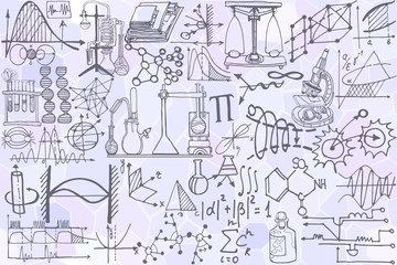 Wall Mural - physics or chemistry abstract illustration with parts of decorative tools and diagrams on white boar