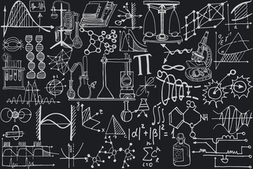 Wall Mural - physics or chemistry abstract illustration with parts of decorative tools and diagrams on black boar
