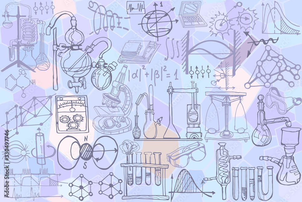 Physics or chemistry abstract illustration with parts of decorative ...