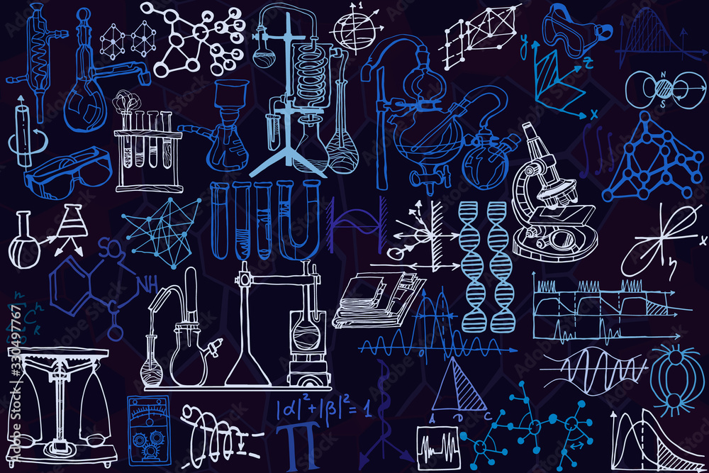 Physics or chemistry abstract illustration with parts of decorative lab ...