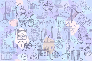 Wall Mural - physics or chemistry abstract illustration with parts of decorative tools and diagrams on white boar