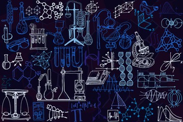 Wall Mural - physics or chemistry abstract illustration with parts of decorative lab tools and equipment. hand dr