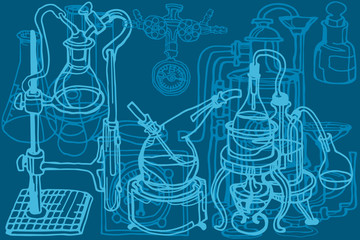 Wall Mural - physics or chemistry abstract illustration with parts of decorative lab tools and equipment. hand dr