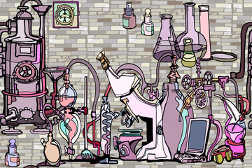 Wall Mural - physics or chemistry abstract illustration with parts of decorative lab tools and equipment against 