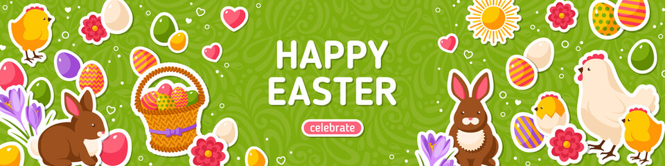 Wall Mural - Happy Easter Green Horizontal Banner. Vector Illustration. Spring Holiday Background, Place for Text. Flat Icons - Chicken, Rabbit, Flowers and Eggs