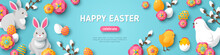 Happy Easter Blue Horizontal Banner. Vector Illustration. Spring Holiday Background, Place For Text. Flat Icons - Chicken, Rabbit, Flowers And Colorful Eggs