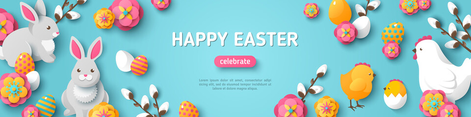 Wall Mural - Happy Easter Blue Horizontal Banner. Vector Illustration. Spring Holiday Background, Place for Text. Flat Icons - Chicken, Rabbit, Flowers and Colorful Eggs