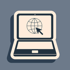 Poster - Black Website on laptop screen icon isolated on grey background. Laptop with globe and cursor. World wide web symbol. Long shadow style. Vector Illustration