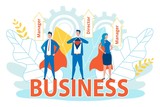 Fototapeta Miasto - Poster is Written Business Director Manager Flat. Loyal Subscribers in Social Networks. Men and Women in Costumes Super People are Standing on Large Inscription. Vector Illustration.