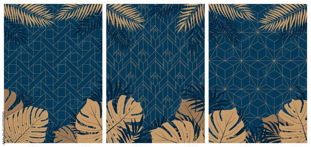 Creative set of elegant brochures with tropical leaves and plants on dark geometric background in art deco style, vector greeting and invitation flyers and posters - obrazy, fototapety, plakaty 