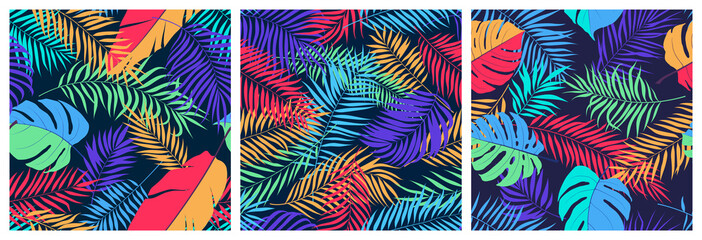 Set of seamless patterns with exotic colorful leaves of monstera, banana tree and palm branches, bright trendy vector tropical backgrounds