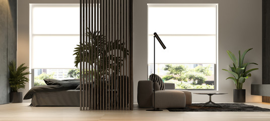 Black minimalist Interior of modern living room 3D rendering