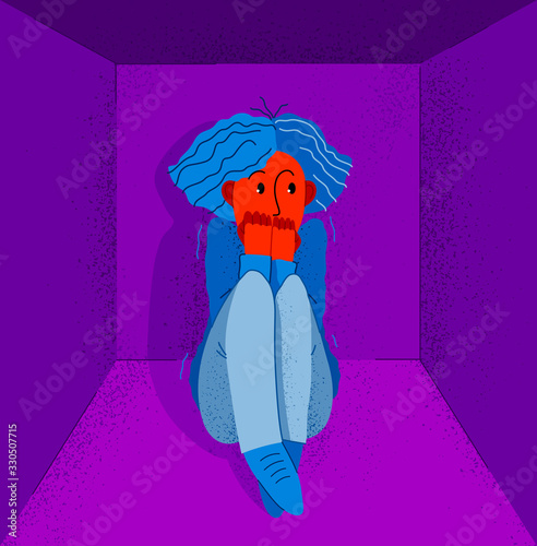 Fotomural Claustrophobia fear of closed space and no escape vector illustration, girl is closed in small room space and scared in panic attack