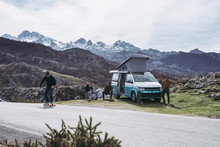 Campervan With Friends Skating In The Mountains Having Fun Open Plan Summer 