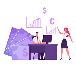 Poster - Business People Characters Traders Working on Computer Sell and Buy Currency, Palladium, Company Bonds and Precious Metals on Stock Market. Broker Service Pc Application. Cartoon Vector Illustration