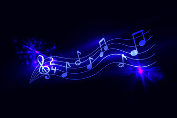 Vector music notes glowing background, bright blue colors, glittering illustration template, abstract background.