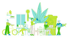 Group Of Young Business People Working Together In Modern Office With Many Green Plants. Creative Characters With Laptops Using Eco Technologies For Work, Successful Team. Linear Vector Illustration