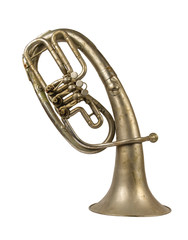 Old vintage tenor horn standing on a white background