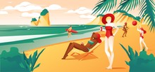People Characters At Beach Or Tropical Coast Relaxing - Sunbathing, Walking, Surfing And Swimming In Sea Or Ocean. Summer Vacation And Water Fun Background Or Banner. Flat Vector Illustration.